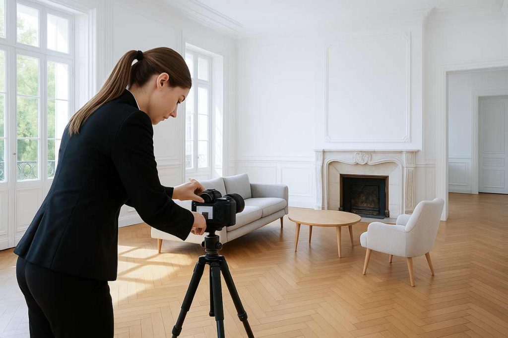 femme agent immobilier en train de photographier en formation photo immobilière avec Thierry Russo-Delattre