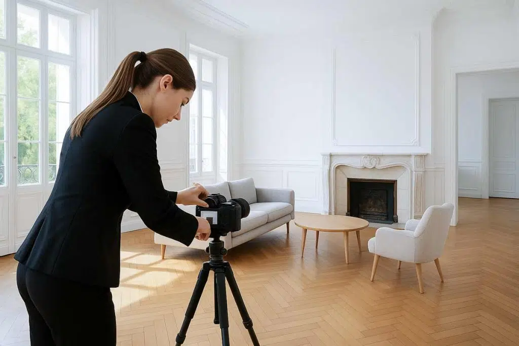 femme agent immobilier en train de photographier en formation photo immobilière avec Thierry Russo-Delattre