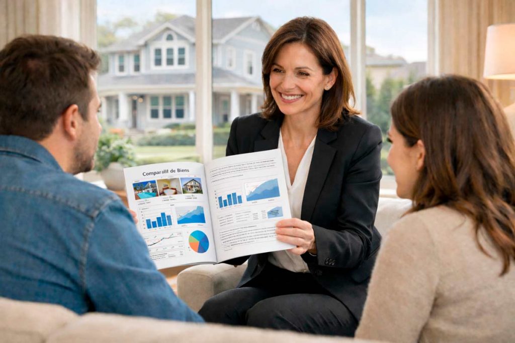 Femme agent immobilier présentant une estimation immobilière à ses clients au format papier